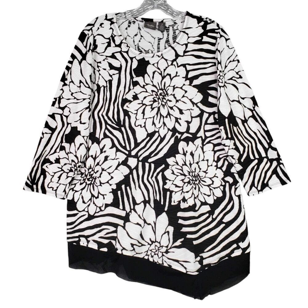 Chicos Travelers Tunic Top Slinky Knit Women’s Size Large or 2 Black Floral - Picture 2 of 10